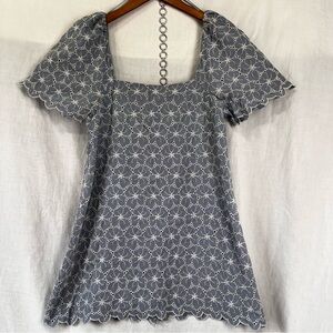 Zara Light Blue Eyelet Mini Dress Women Size Medium Cotton Puff Scalloped Sleeve